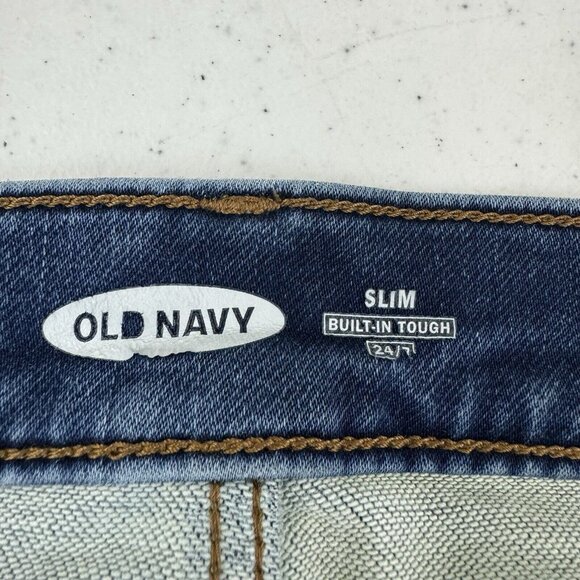 Old Navy Men's Slim Built In Flex Jeans Medium Blue Wash Size 34 X 34 Distressed - Picture 7 of 13